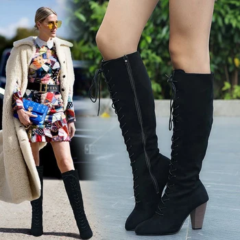

Explosion models super fire classic brand designer pointed thick with side zipper wear fashion over the knee boots women
