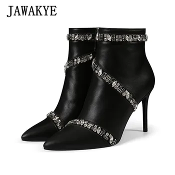 

Bling Bling Black genuine Leather Ankle Boots for Women Crystal Around Winter Party Shoes woman Point toe High Heel Short Boots