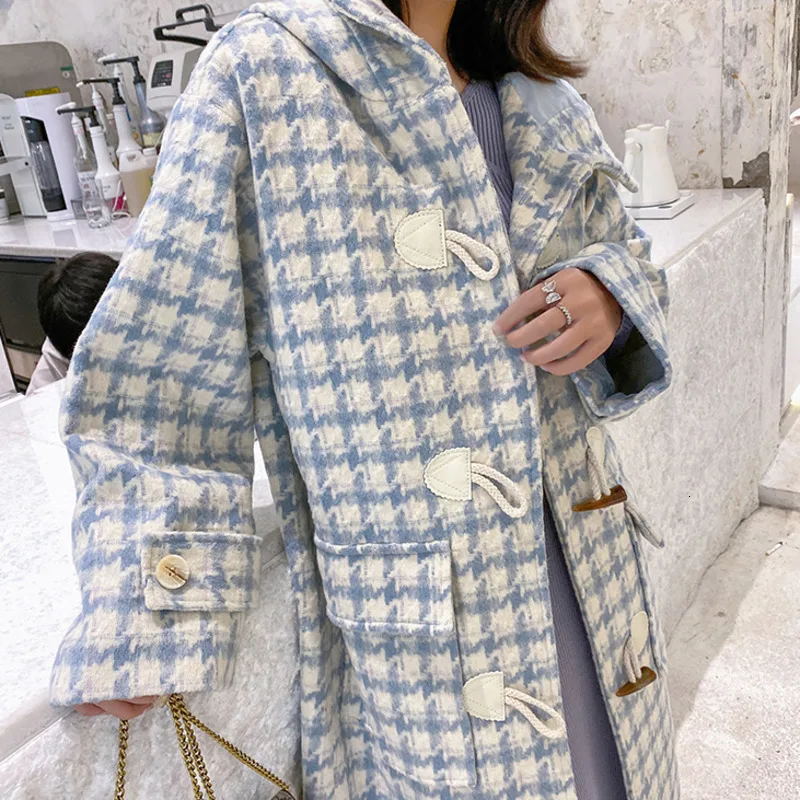 Abrigos Mujer Invierno корейское стильное шикарное повседневное клетчатое зимнее шерстяное пальто с капюшоном женское модное длинное пальто