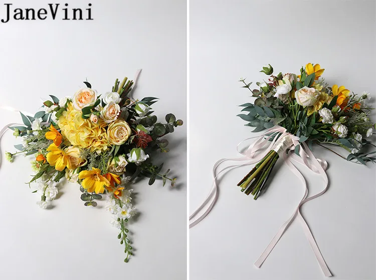 JaneVini Silk Wedding Bouquet Blue Flowers Bridal Bouquets Handmade Rose Leaf Yellow Brides Bridesmaids Bouquet Ramo Artificial