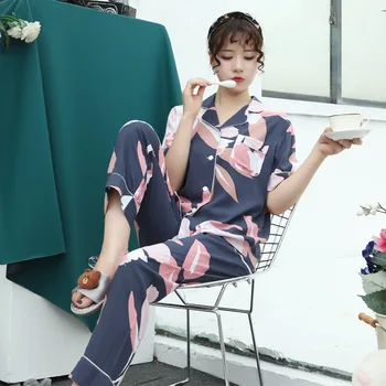 

Lisacmvpnel Print Fashion Pajamas Women's Short-sleeved Suit Loose Cardigan Thin Pyjamas Artificial Cotton Silk Sleepwear