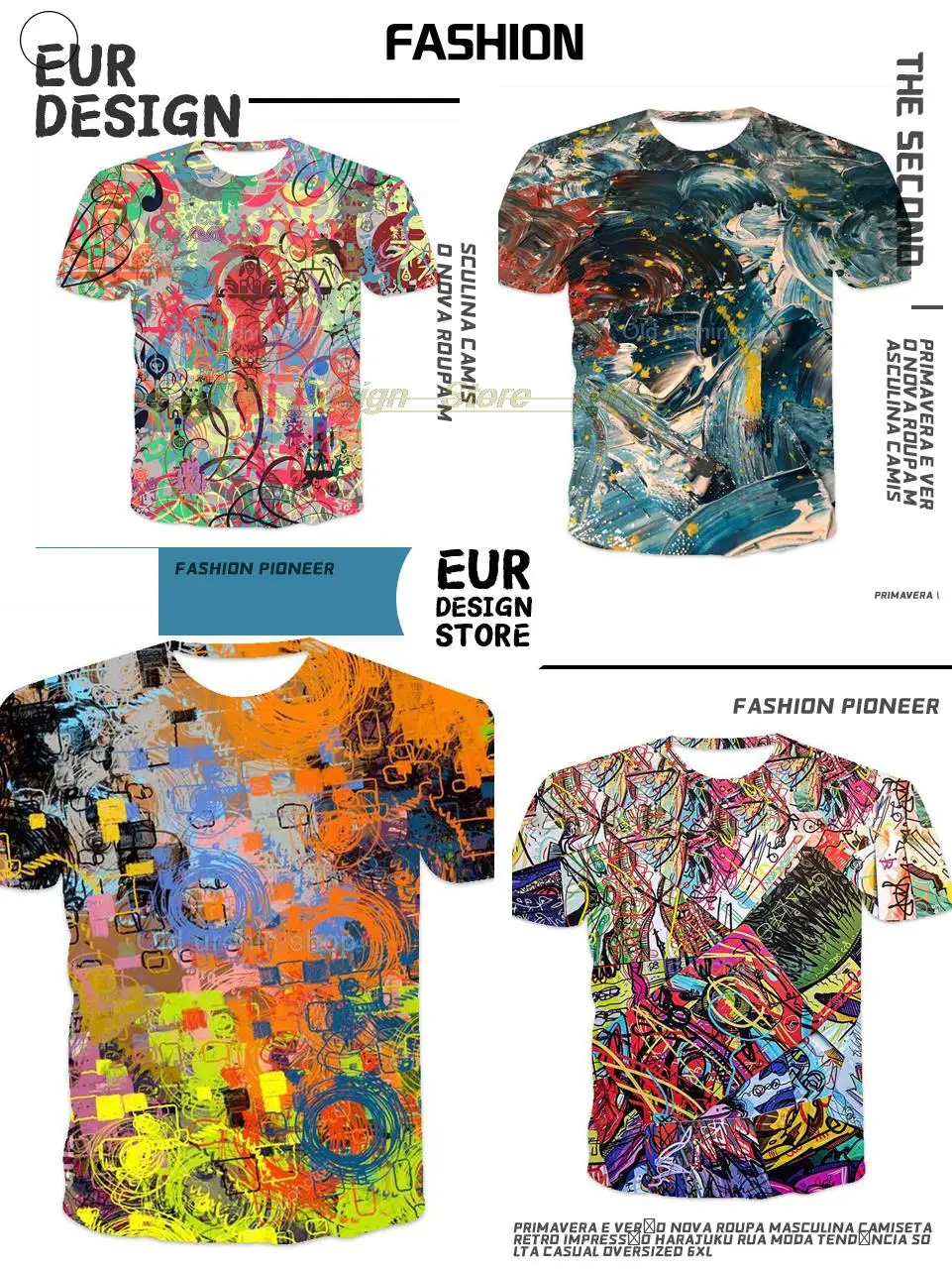 Colorful 3d graffiti printing men's T-shirt fashion tops 2021 summer casual breathable retro style cost-effective summer T-shirt