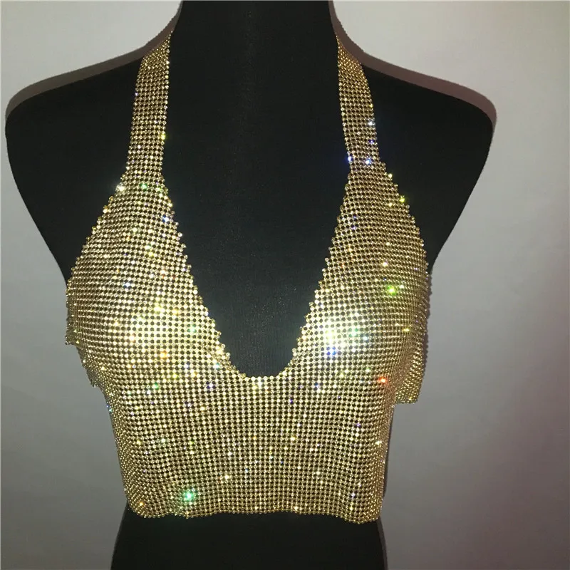Sexy Halter Backless Deep V neck Rhinestones Tank Top 2019 Summer Women Gold Silver Metal Shiny Rhinestone Club Party Crop Tops