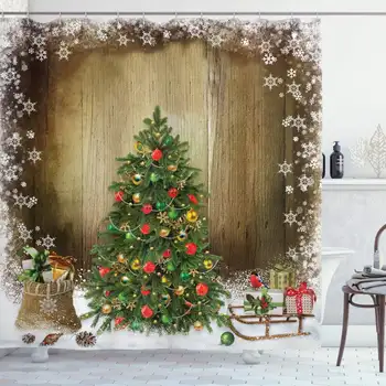 

New Rustic-Wood-Tree-Snowflake-Fabric-Shower-Curtain-Merry-Christmas-Shower-Curtain-Holiday-Bathroom-Home-Decor