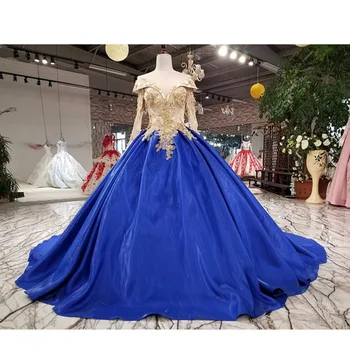 

BGW HT3279 Long Sleeve Blue Evening Dress A-line V-neck Lace Up Back Satin Simple Formal Party Dress With Heavy Handmade Flowers