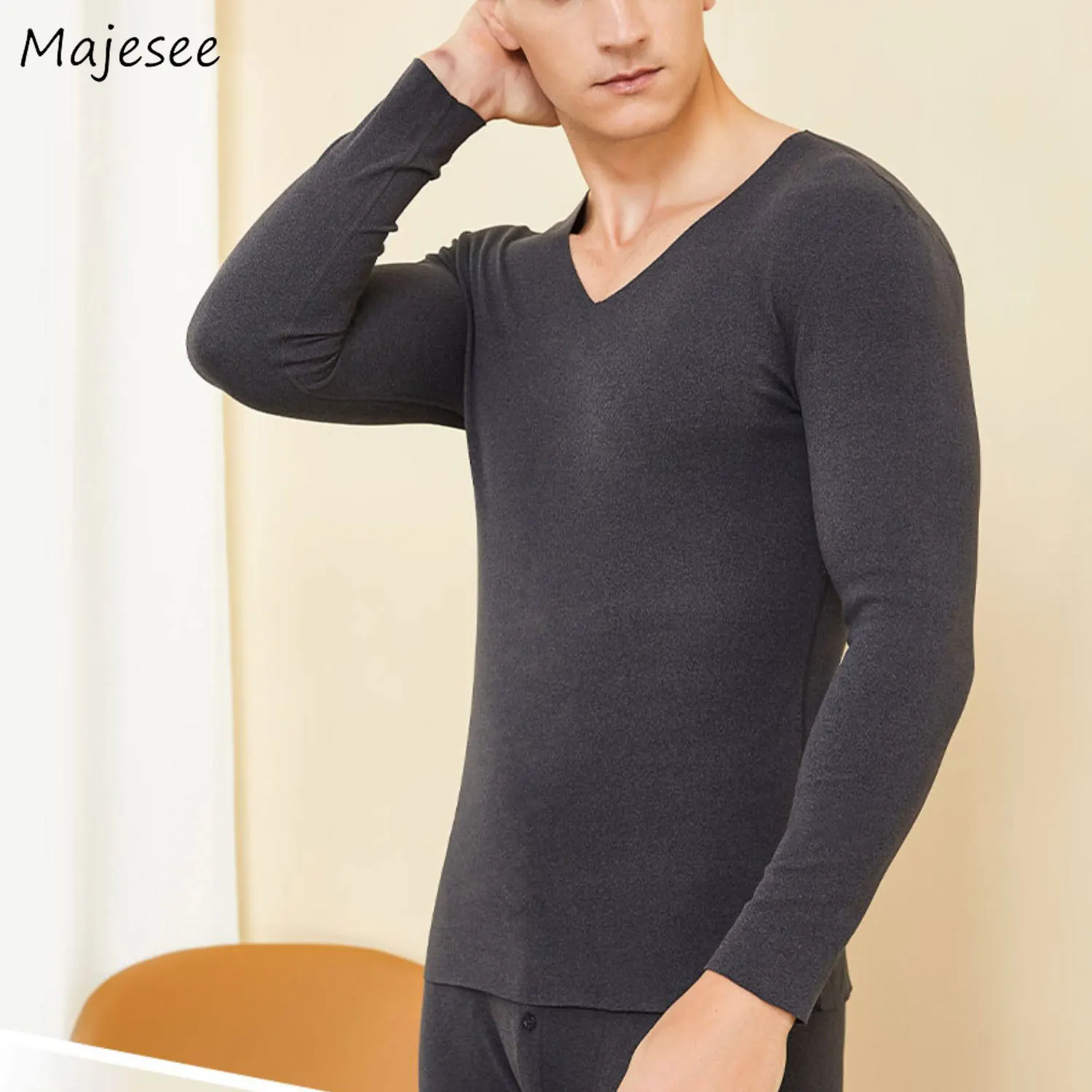 Men Seamless Thermal Underwear Tops V neck Long Sleeve Warm Top