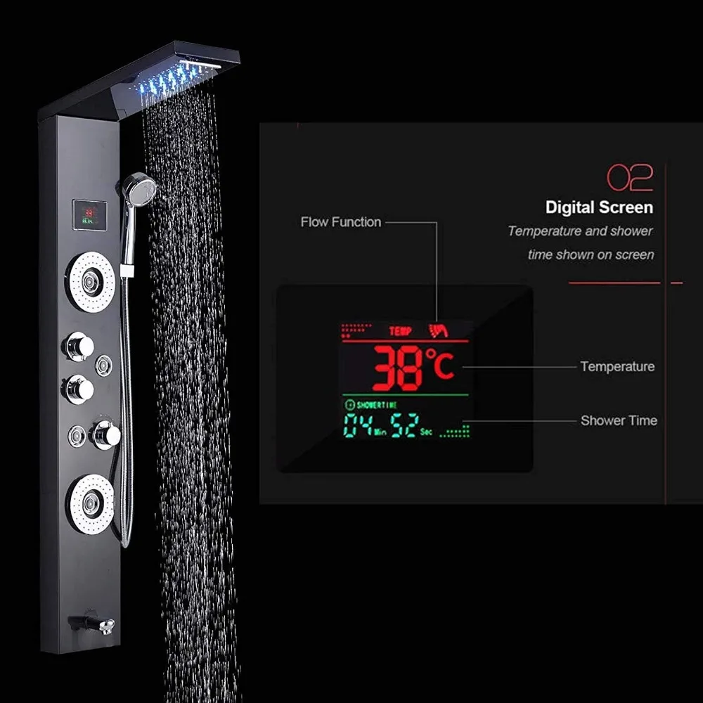 Newly-Luxury-Black-Brushed-Bathroom-Shower-Faucet-LED-Shower-Panel-Column-Bathtub-Mixer-Tap-With-Hand