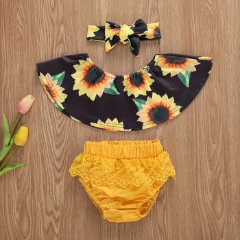 

Pudcoco Newborn Baby Girl Clothes Summer Sunflower Print Off Shoulder Crop Tops Lace Ruffle Short Pants Headband 3Pcs Outfit Set