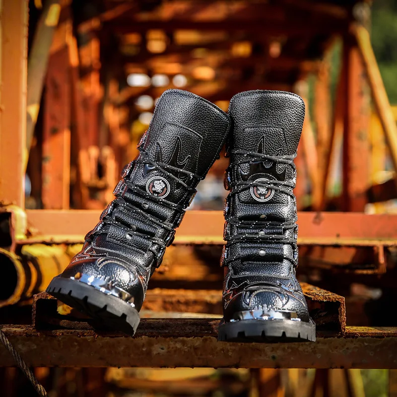 Mens Leather Boots Motorcycle Leather Boots PU Leather Breathable Punk Warm Steel Toe