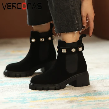 

VERCONAS New Platforms Women Ankle Boots Autumn Winter High Heels Shoes Woman Round Toe Rhinestone Casual Genuine Leather Boots