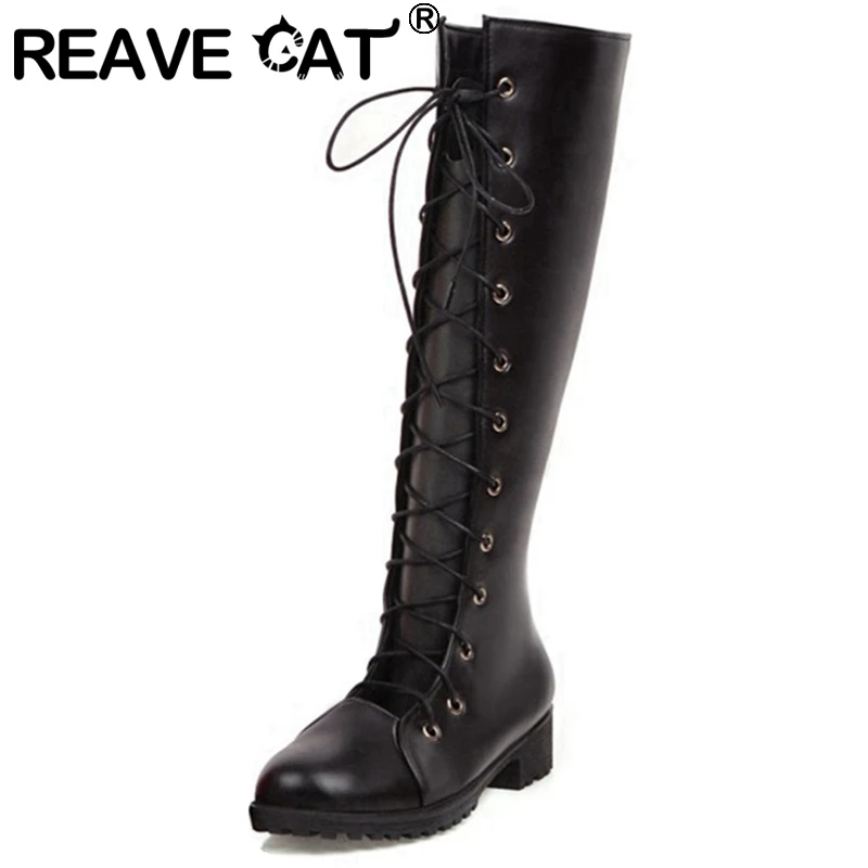 REAVE CAT/женские сапоги до колена круглый носок квадратный каблук шнуровка