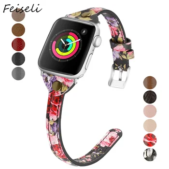 

Feiseli For Apple Watch Strap Vintage Leather Band Replacement Watch Strap 38mm 40mm 42mm 44mm Women Flower iwatch Wristband