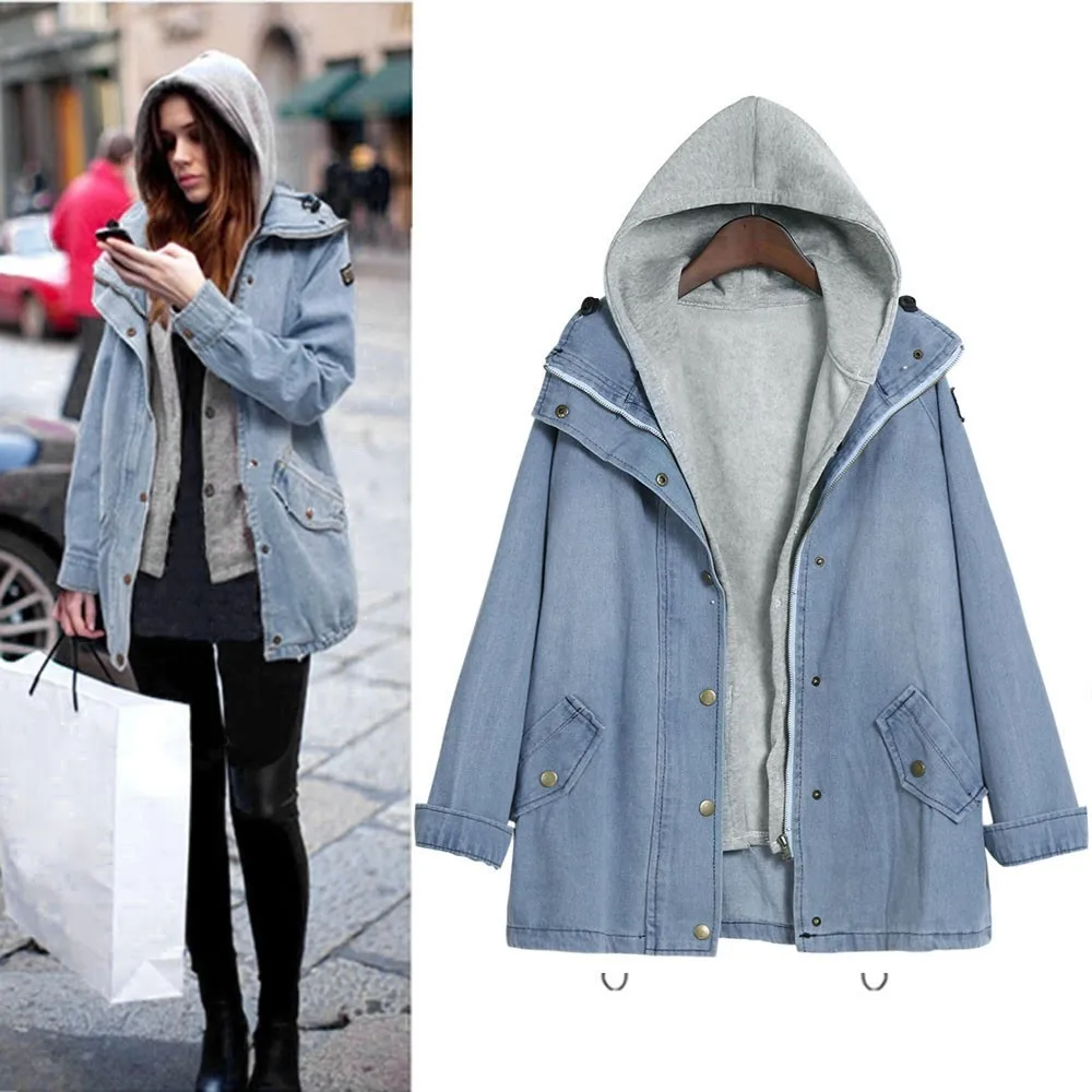 

Free Ostrich Coat Denim Jacket Loose Women Jackets Hooded Tops Cowboy Coat Two Denim Outwear Women Clothes Dropshipping July 31