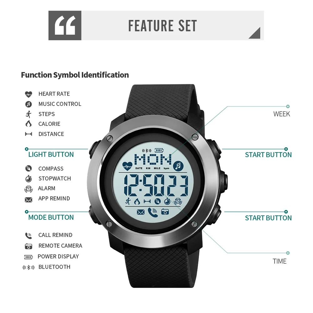 SKMEI уличные спортивные умные мужские часы компас с Bluetooth цифровые часы Фитнес пульсометр калории водонепроницаемые наручные часы inteligent