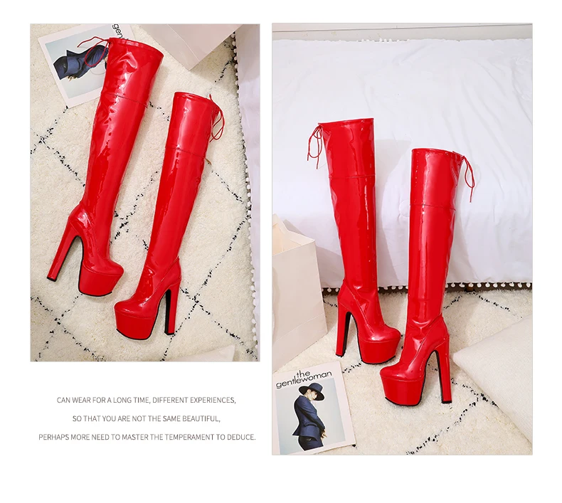 Oversized Ultra-High Thick-Heeled Patent Leather Women's Over-The-Knee Boots Waterproof Platform Flock Long-Tube Elastic Boots