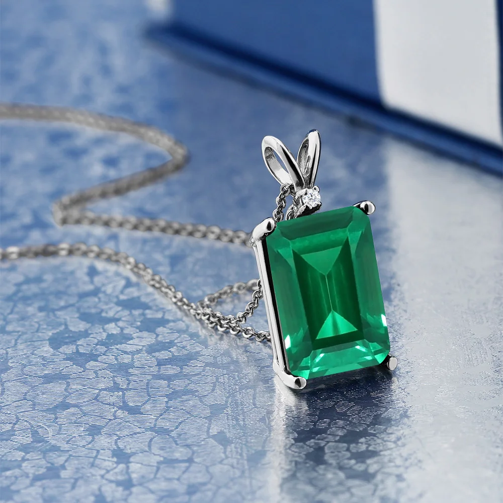GemStoneKing женский 6,52 карат восьмиугольник зеленый имитация изумруда белый бриллиант 925 пробы серебряный кулон ожерелье