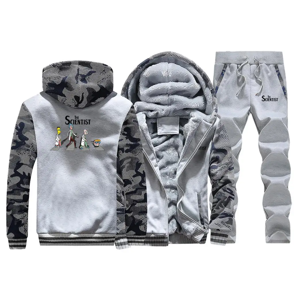 Light Gray 1 Мультяшная мужская толстовка с капюшоном Рик и Морти зимняя горячая Распродажа модная камуфляжная куртка Плотный Костюм Уличная флисовая куртка+ штаны комплект из 2 предметов - Цвет: Light Gray 1
