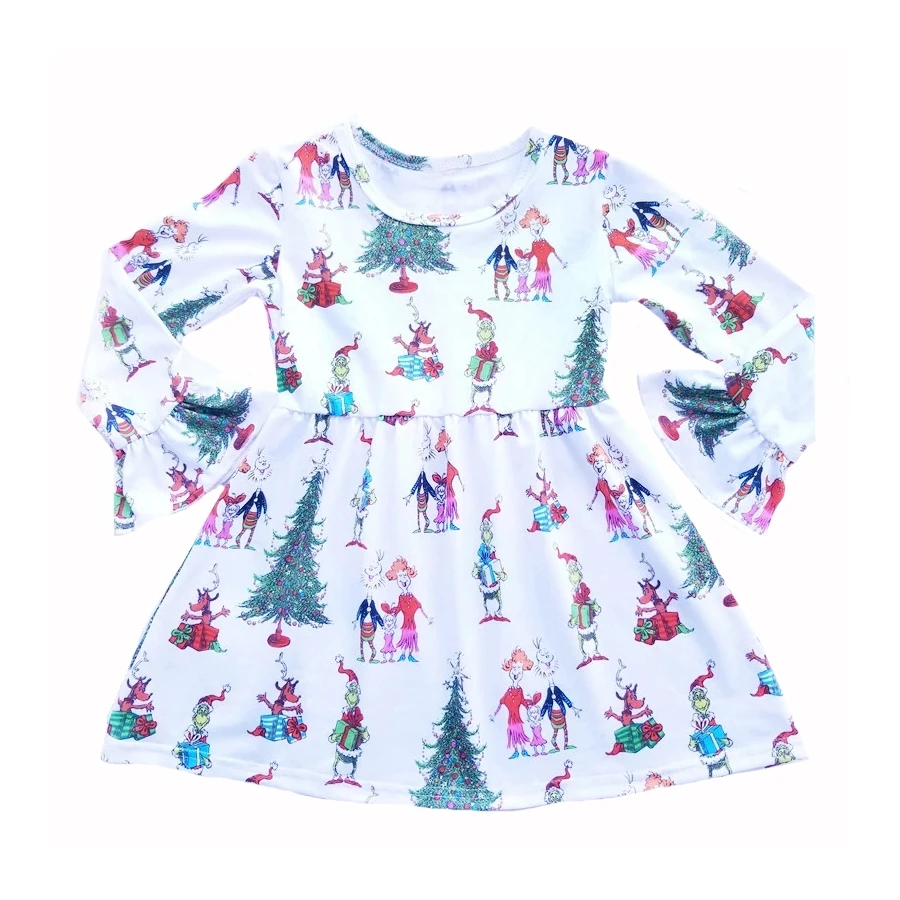 Платье с оборками и жемчугом для маленьких девочек; рукав с дном-колокольчиком; рождественское платье с принтом Санты; детское модное праздничное платье с длинными рукавами для малышей
