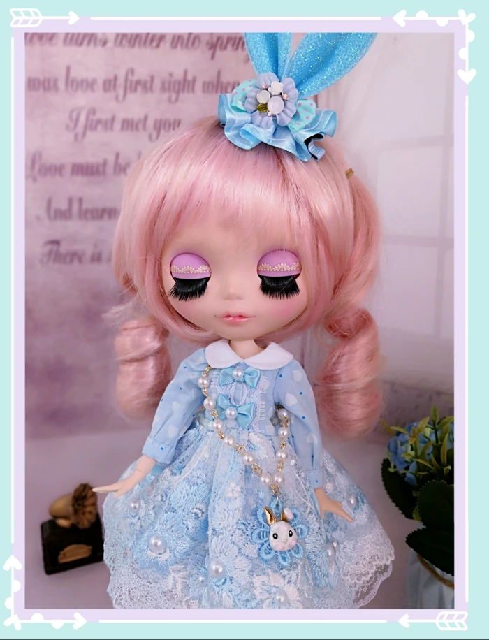 Одежда для 1/6 Blyth Doll, голубое кружевное платье с вышивкой и кроликом, головной убор для Pullip, Licca, Azone 1/6, аксессуары для кукольной одежды