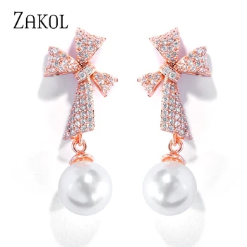 

ZAKOL New Arrival Bow Decoration Pearl Earrings for Women Fashion Jewelry Girls Party Birthday Gift FSEP2556