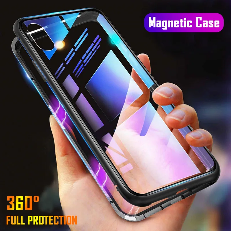

Magnetic Adsorption Case For iPhone X XR XS 11 Pro MAX 6 6S 7 8 Plus Built-in Magnet Transparent Glass Ultra Metal Bumper Cover