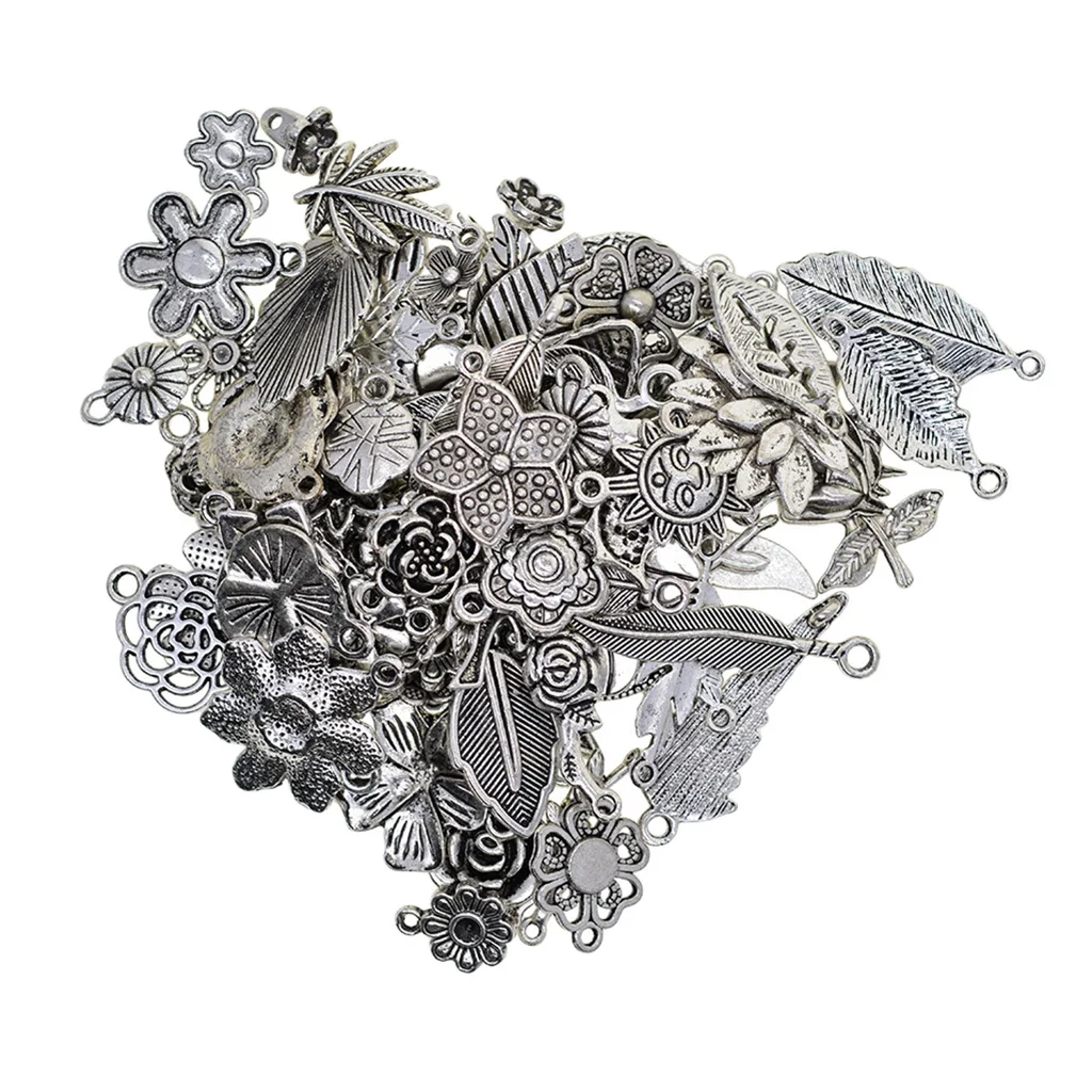 100 Grams Tibetan Silver Plated Mixed Plant Leaves Flowers Charms Pendants Connectors DIY for Jewelry Making and Crafting