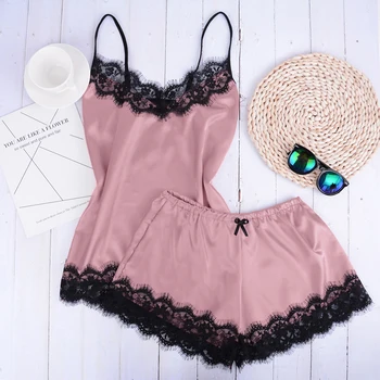 

Separate 2pcs Lace Sleepwear Women Beach Dress Lingerie Night Short Sleeveless Ladies Satin Nightgown Through La Sleepwear