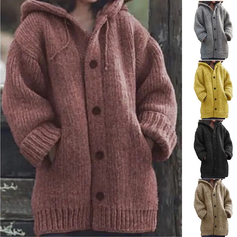 

Women Hooded Knitted Sweater Autumn Winter Mid-length Solid Color Button Down Sweater Wool Coat Jackets Outwear Tops TY6