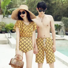 Парные купальники, женские комплекты бикини, мужские пляжные плавки, шорты для влюбленных девушек, купальник с принтом, пляжное платье
