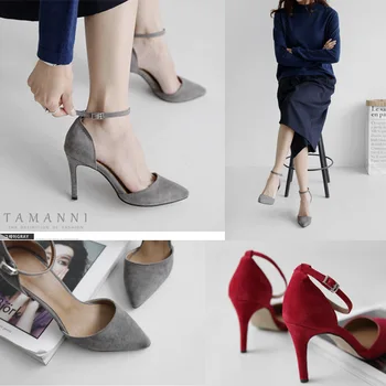

2020 sandals female college students with thin heel and pointed suede hollow high-heeled shoes