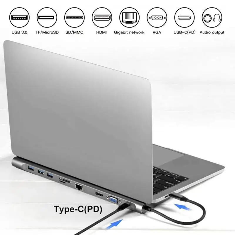 10 in 1 TYPE-C HUB to USB 3.0 HDMI RJ45 TYPE-C Adapter Multi-function Splitter OS Compatibility Macos 10/10-10/14 Windows