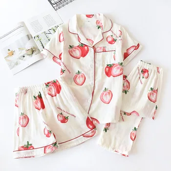 

Casual Women Print Night Clothing Loose Short Sleeve Pajama Suit 3PCS Cotton Sleepwear Nightwear Oversize Sleep Pijama Set
