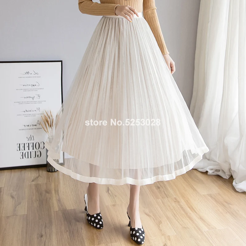 Women Skirts Pleated High Waist Mesh Skirts With Velvet Lining Jupe Women's A Line Elegant Midi Tulle Skirt Faldas Skirts Womens