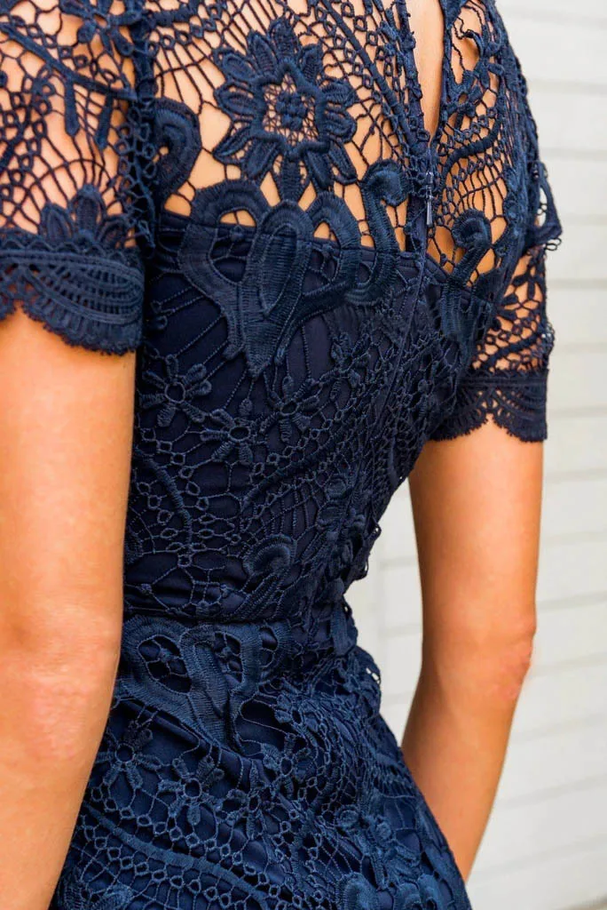 BacklakeGirls Robe De Soiree элегантное Голубое Кружевное коктейльное платье с высоким воротом и коротким рукавом женское платье длиной до середины икры vestido de festa