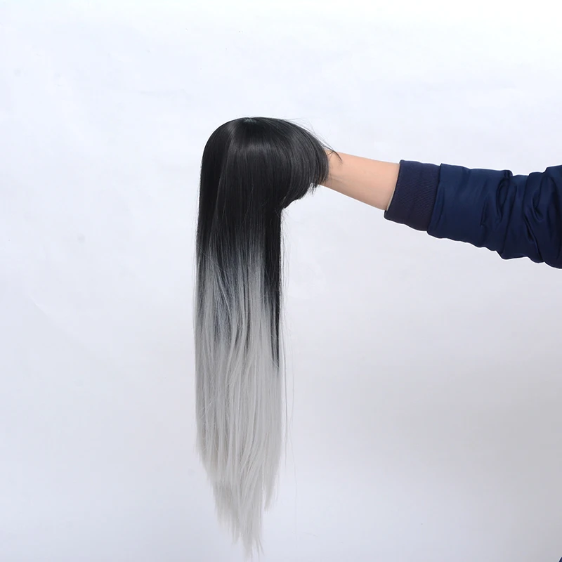 WHIMSICAL W 26 inch Long Straight Black Gray Ombre Wig With Bangs Gray Color Heat Resistant Hair Synthetic Wig for Women