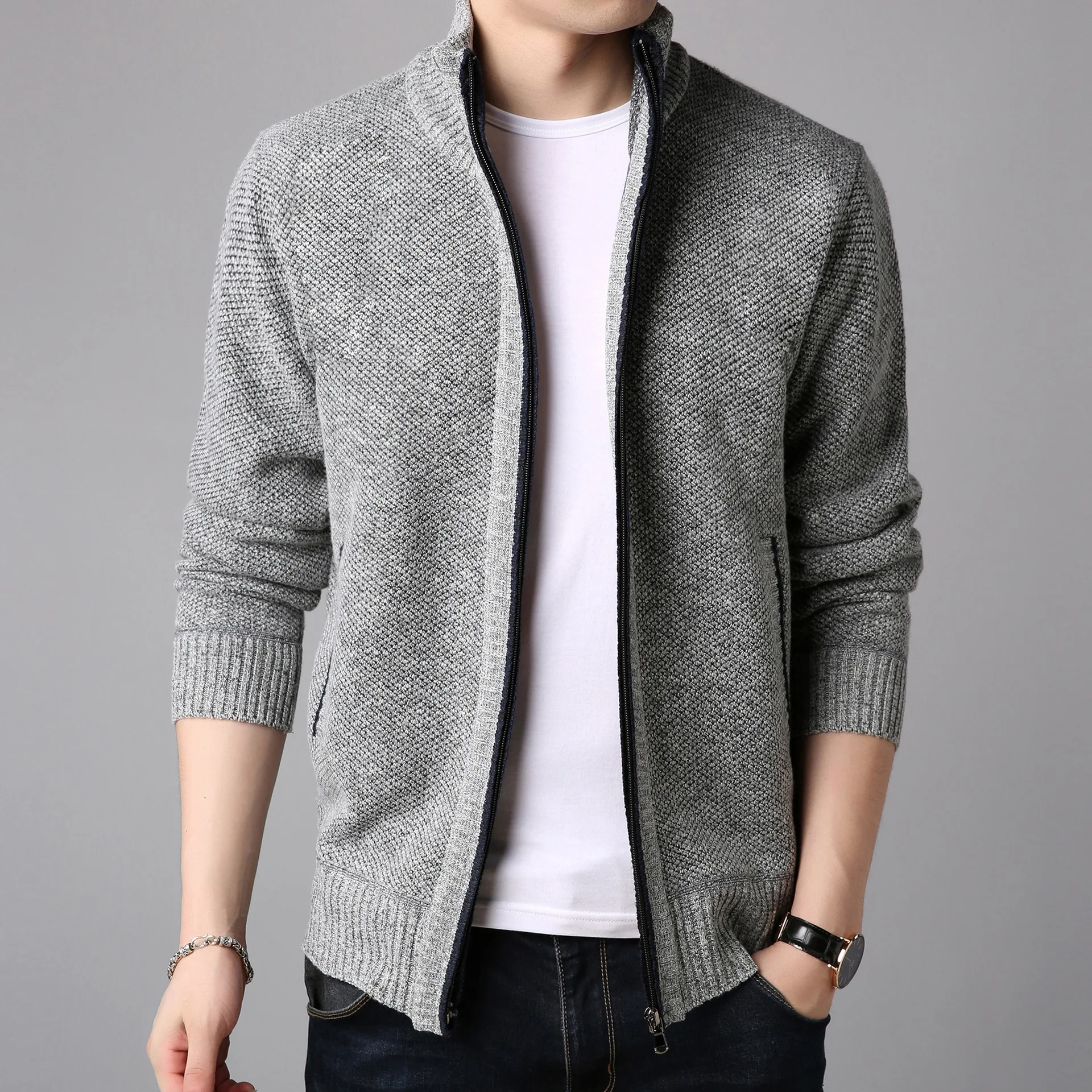 Winter Fleece Men's Sweater Coat Side Pocket Long Sleeve Knitted Cardigan Full Zip Autumn Warm Male Fashionable Causal Clothing Winter Fleece Men's Sweater Coat Side Pocket Long Sleeve Knitted Cardigan Full Zip Autumn Warm Male Fashionable Causal Clothing