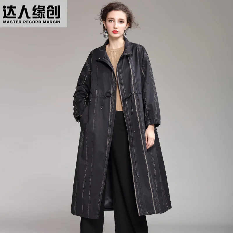 

2019 Autumn New Style Origional WOMEN'S Dress Stand Collar Stripes Long Sleeve Large Size Europe And America Coat Loose-Fit Medi