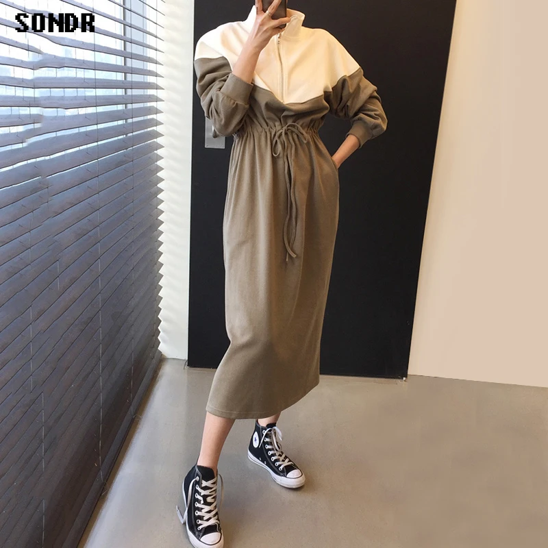 

One-Piece Korean Ladies Dress Sweatershirt Dress 2020 Winter Stand-Up Collar Contrast Color Zipper Design Lace-Up Waist Dresses