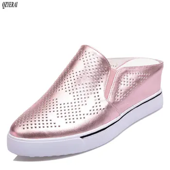 

New spring summer natural leather women's slippers wedges eyelet ventilation sandals real cowhair shoes size 34-39