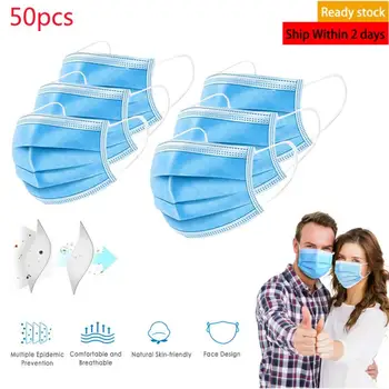 

50Pcs Face Masks Disposable Facial 3-Ply Earloop Mouth Face Masks Respirator Mascarillas Masque Mascherine