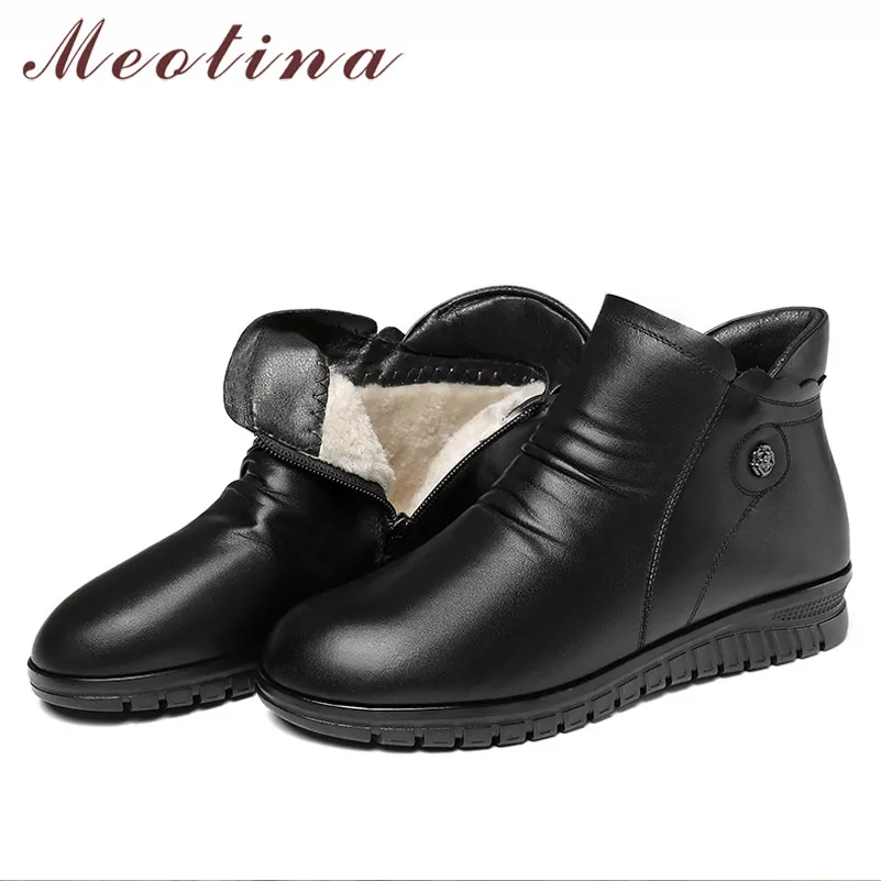 

Meotina Woman Boots Genuine Leather Flat Ankle Boots Zip Round Toe Short Boots Metal Decoration Female Shoes Fur Winter Black 41