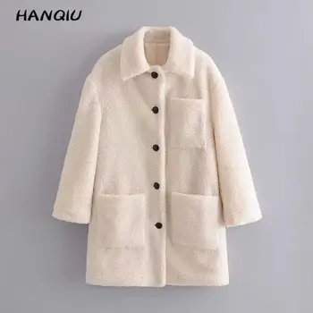 

2019 Fashion long faux fur coat women oversized warm pocket teddy coat kawaii outerwear white fur lamb wool coat winter vintage
