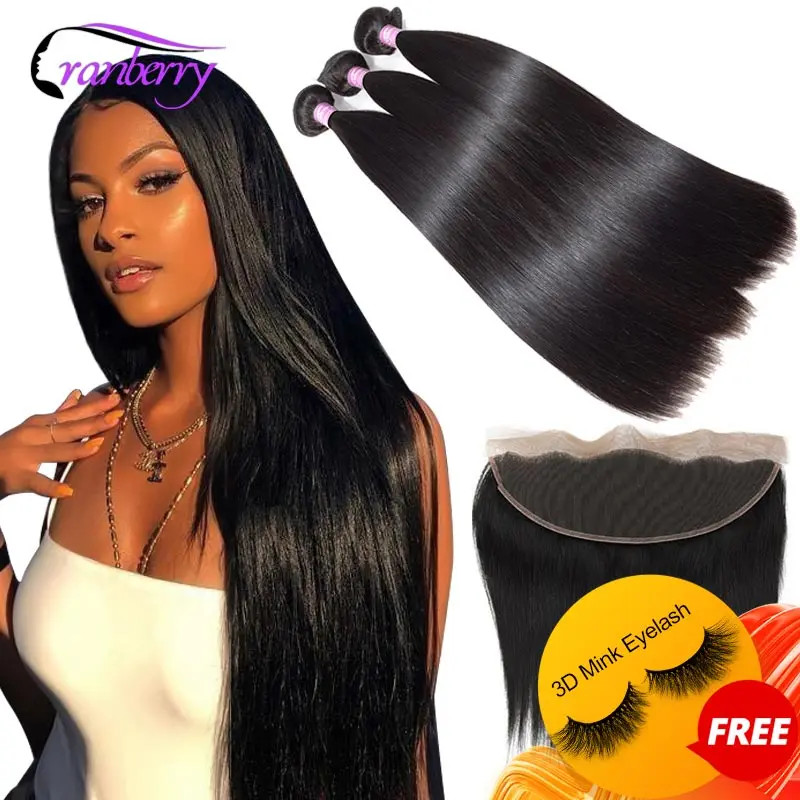 Arándano pelo recto extensiones de cabello humano con Frontal Remy Peruvian pelo paquetes con cierre 13X4 Frontal de encaje con paquetes