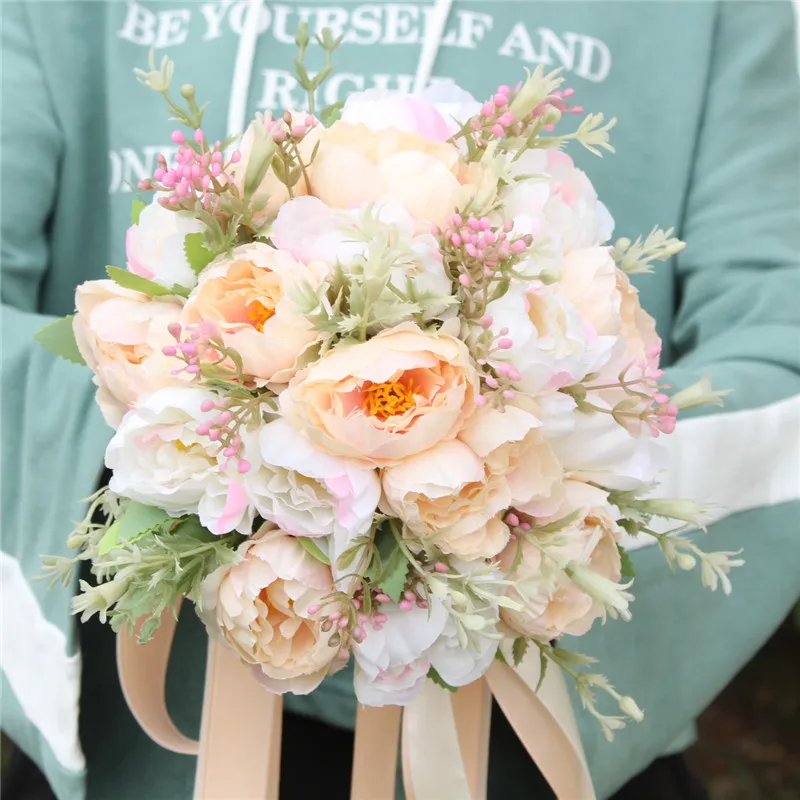 YO CHO Свадебная роза букет невесты пион листья эвкалипта букеты высокое качество искусственный шелк цветы композиция - Цвет: B-champagne-white