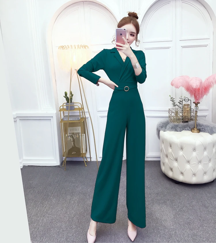 Dark green Офисные женские элегантные сексуальные комбинезоны с широкими штанинами, женские весенние комбинезоны с поясом на талии, одежда для офиса, комбинезоны - Цвет: Dark green