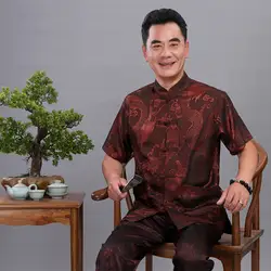 С коротким рукавом длинные штаны костюм кунг-фу плюс 4XL Новый китайский мужской костюм Тан наборы Дракон атласный шелк Wu Shu Tai Chi наборы для