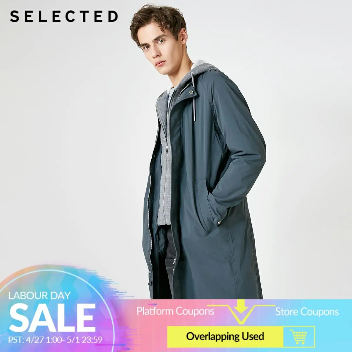 

SELECTED Men's Mid-length Hooded Fake Two-piece Trench Coat S|419121526