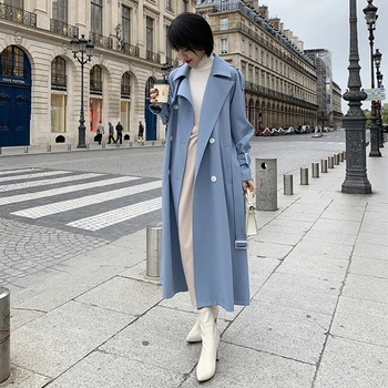 

2019 Spring Long Trench coat women Fashion Double Breasted Belt Trench coat Casual Business Outerwear