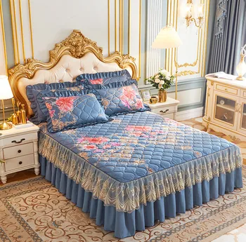 Bedspread on The Bed Princess Lace Bed Skirt Home Textiles Cute Bed Sheets Cotton Crystal Velvet Bedspread Set with Pillowcases