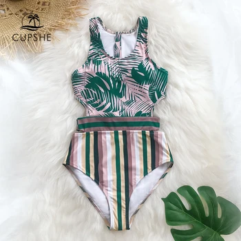 

CUPSHE Green Miss U Print One-piece Swimsuit Women Tied Bow Cutout Tank Monokini 2020 Girl Beach Bathing Suit Swimwear